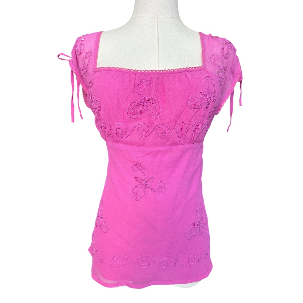 Charlotte Russe Y2K Boho Fairy Babydoll Top Size S Embroidered Coquette Sheer